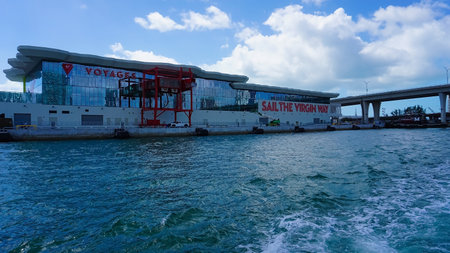 Miami, USA - April 23, 2022: Sail the Virgin Way - Virgin Cruise terminal in Miami
