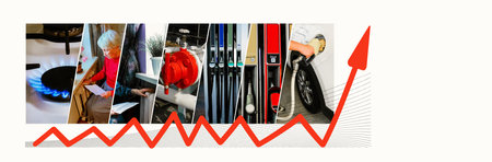 Collage about shortage and gas crisis. Rising fuel prices concept. Dynamics of gas prices in the...
