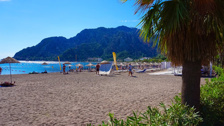 Icmeler, Turkey - September 22, 2022: Beach view in Marmaris Town. Summer landscape on the Mediterranean coast in Turkey. view of the bayのeditorial素材