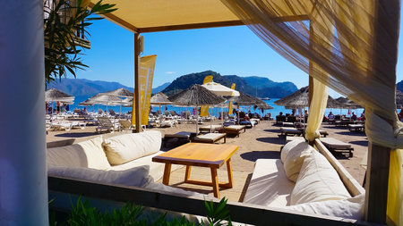 Icmeler, Turkey - September 22, 2022: MARTI Resort Hotel. Flowering bush on the territory of the hotel at Icmeler, Turkey on September 22, 2022のeditorial素材