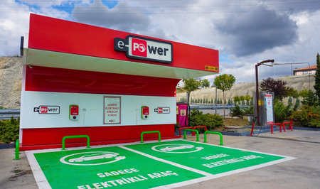 Marmaris, Turkey - September 23, 2022: Electric car charging station. An electric car is an automobile that is propelled by one or more electric motors, using only energy stored in batteries.のeditorial素材