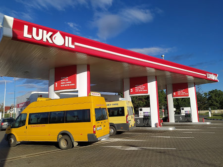 Adjud, Romania - September 12, 2022: Lukoil gas station. Lukoil is one of the largest Russian oil companiesのeditorial素材