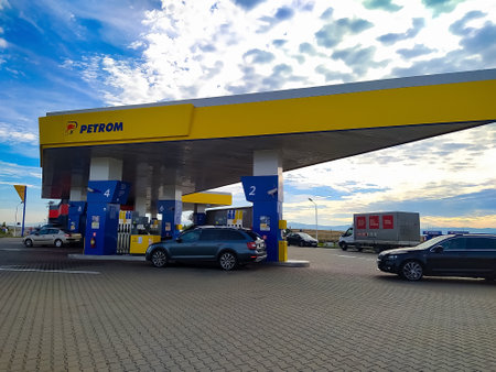 Brashov, Romania - September 26, 2022: Petrom gas station. OMV Petrom S.A. is a Romanian integrated...