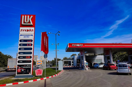 Ruse, Bulgaria - September 25, 2022: Lukoil gas station. Lukoil is one of the largest russian oil companiesのeditorial素材