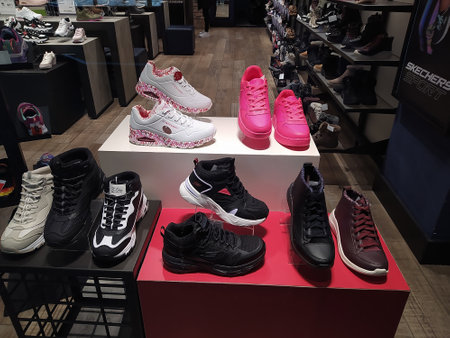 Kiyv, Ukraine - December 8, 2021: Sign of Skechers on the shop at Shopping Mall. Skechers is an American shoes company founded by CEO Robert Greenberg and his son Michael in 1992のeditorial素材