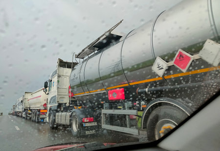Siret, Romania - September 26, 2022: Truck queue at customs Romania Ukraineのeditorial素材