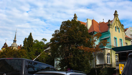 Brasov, Romania - September 26, 2022: Old houses in Brasov old town on autumn dayのeditorial素材