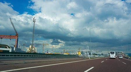 Altinova, Turkey - September 23, 2022: Road to the Osmangazi Bridge that is a suspension bridge of Turkey.のeditorial素材