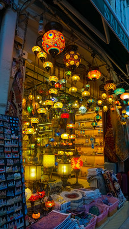 Istanbul, Turkey - September 14, 2022: A bunch of turkish lamps at one of Sultanahmet shops. Sultanahmet is the most popular tourist place in Istanbul.のeditorial素材