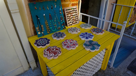 Istanbul, Turkey - September 14, 2022: Table with funny Turkish souvenirs in Sultanahmetのeditorial素材