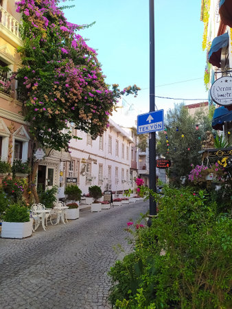 Istanbul, Turkey - September 15, 2022: Restaurant at old street in Istanbul with many cafes. Sultanahmet. Constantinople. Istanbul. Turkey on September 15, 2022.のeditorial素材