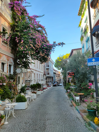 Istanbul, Turkey - September 15, 2022: Restaurant at old street in Istanbul with many cafes. Sultanahmet. Constantinople. Istanbul. Turkey on September 15, 2022.のeditorial素材