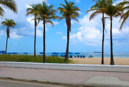 Fort Lauderdale, Florida, US - May 08, 2022: Fort Lauderdale beach near Las Olas Boulevard with the road in the foreground.のeditorial素材