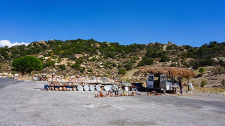 Antalya, Turkey - September 14, 2022: Traditional Turkish Turks for making coffee at the Turkish market at roadのeditorial素材