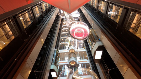 Miami, USA - April 29, 2022: Interior of the Atrium in the at new cruise ship or new flagship of MSC Seashore, the largest cruise ship built in Italy.のeditorial素材