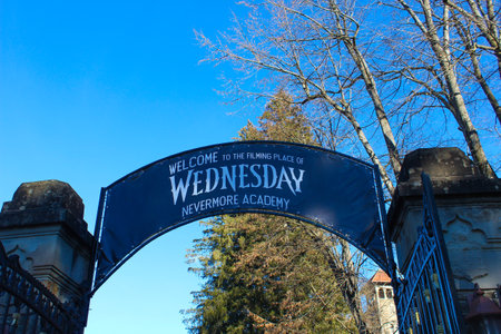 Busteni, Romania - December 30, 2022: The welcome sign to Cantacuzino Castle or Nevermore Academy - the place where the Wednesday series film was filmedのeditorial素材