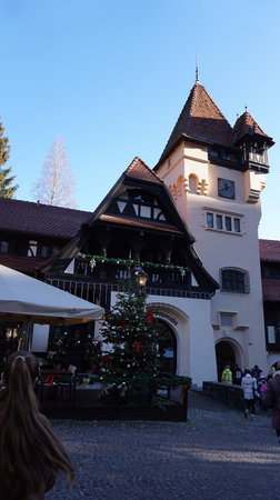 Sinaia, Romania - December 31, 2022: Carol Gastro Bierhaus restaurant next to Peles Castle in the Carpathian Mountains, Prahova Countyのeditorial素材