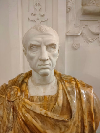 Sinaia, Romania - December 31, 2022: The interior of the Peles castle in Sinaia, in Romania - statue or sculpture or bust of patrician of ancient romanのeditorial素材