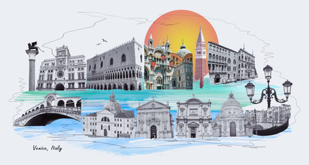 contemporary artwork. Creative design in retro style. Black and white image if beautiful buildings in Venice. vintage town. Concept of creativity, surrealism, imagination, futuristic landscape. Posterの写真素材