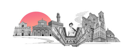 Collage of landmarks of Florence, Italy. Basilica of Santa Maria del Fiore or Basilica of Saint Mary of the Flower in Florence, Italy. Art designの写真素材