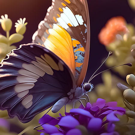 A beautiful fantasy Butterfly sitting on a leaf. Abstract and fantasy concept. Generative AI.の写真素材