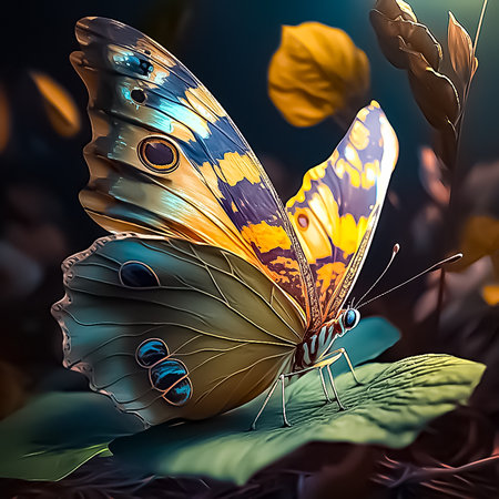 A beautiful fantasy Butterfly sitting on a leaf. Abstract and fantasy concept. Generative AI.の写真素材