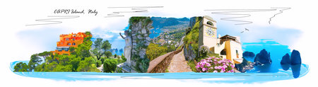 Capri, Italy - Beautiful view on the Anacapri in Capri Island, Italy. Collageの写真素材