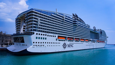 Genoa, Liguria, Italy - April 28, 2023: The cruise ship Msc World Europa in port of Genoa, Italy on...