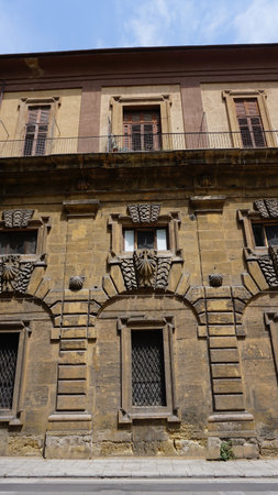 Old facade of historical building in Palermo at Italyの写真素材