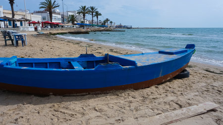 La Goulette, Tunis: The sand beach at La Goulette that is near the city of Tunis at Tunisiaの写真素材
