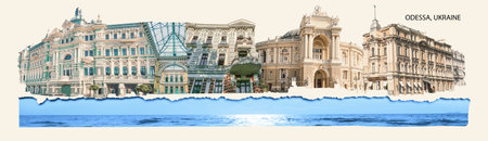 Contemporary art collage or design about Odessa, Ukraine - old facades of buildingsの写真素材