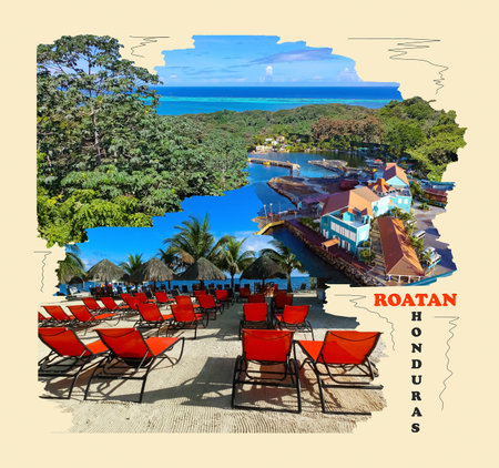 Collage from views of a tropical beach in Roatan, Hondurasの写真素材
