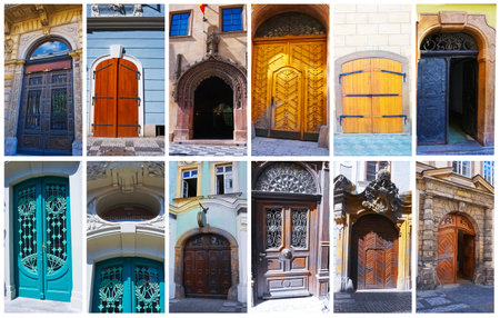 12 doors collage. Colorful doors at Prague's streetsの写真素材