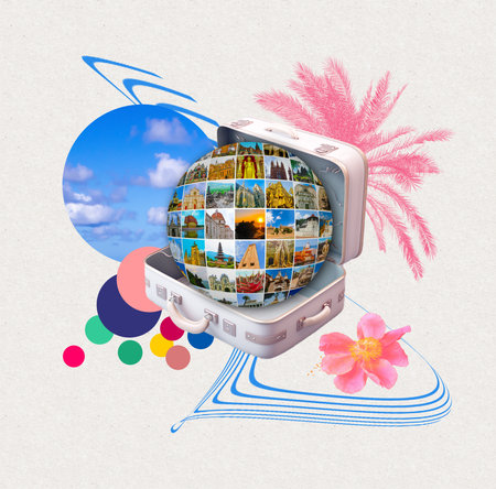 World religious and architecture monuments - collage or globe from different religions from Bali, Thailand, Cambodia at Asia and Florens, Spain in Europe. Travel and tourism with famous world landmarks.の写真素材