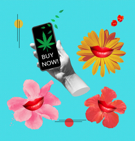 Design or art collage with mobile phone and medical marijuana or cannabis leaf icon. Online buying symbol. Artwork with abstract flowers. Concept of adの写真素材