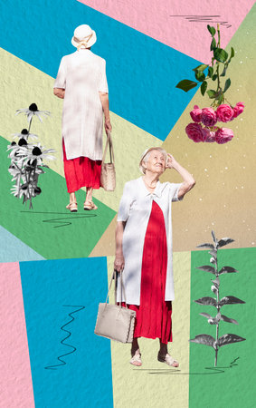 Portrait of a smiling elderly woman. Collage with abstract park background. Design with senior womanの写真素材
