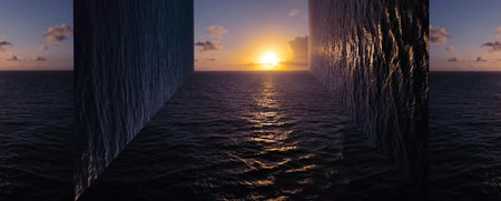 Abstract water of sea or ocean with optical effect - art collage at sunny day - sunsetの写真素材