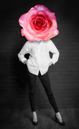 Abstract contemporary art collage black and white portrait of young woman with flowers on face hides her eyesの写真素材