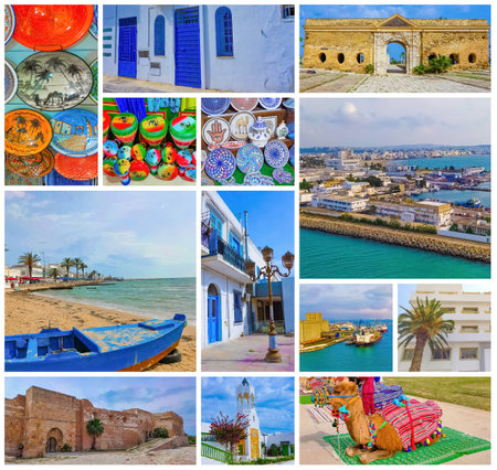La Goulette, Tunisia: a path in a street with house and palms - collageの写真素材