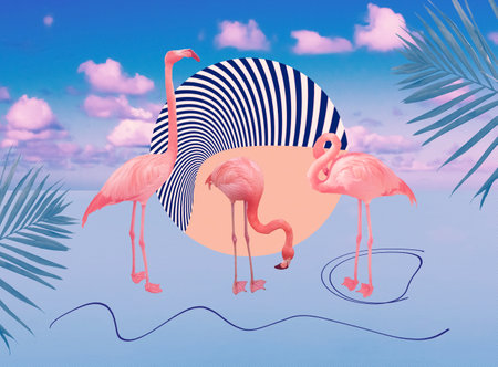 Contemporary art collage, design. Flamingos and sea. Summer and travel conceptの写真素材