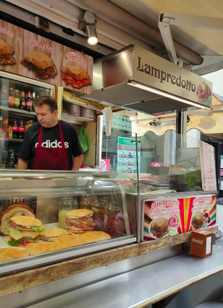 Florence, Italy - May 01, 2014: A store or shop for sale traditional tripe sandwiches in Florence.のeditorial素材