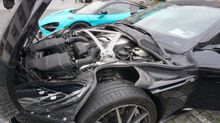 Winterthur, Switzerland - October 21, 2023: Aston Martin in the dark. British supercar at...
