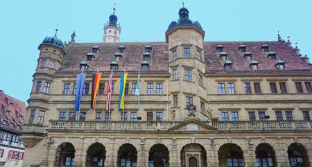 Rothenburg ob der Tauber, Germany - October 20, 2023: Old historical buildings at Rothenburg ob der Tauber - old fortified city in Germany.のeditorial素材