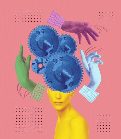 Contemporary art collage, design. Abstract doctor hands near human head, working with mental issues. Psychiatrist. Concept of medical assistance, treatment, mental treatment - fix your brains conceptsの写真素材