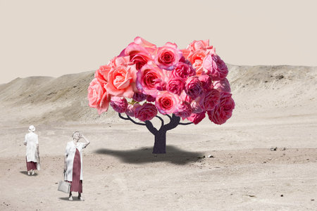 Creative colorful design. Modern art collage. Senior woman walking near beautiful blooming tree with roses. Spring mood. Concept of holiday, womens dayの写真素材