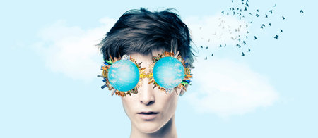 World landmarks and famous monuments collage as sunglasses on woman. Travel and vacation concept