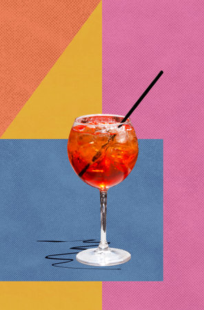 Orange cocktail Aperol syringe on a color background. Art collage or design.の写真素材