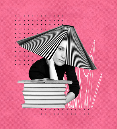 Abstract human head and books. Creative idea symbol, art design or collage. Mental Health, thinking, psychology, education, intellectual development conceptの写真素材
