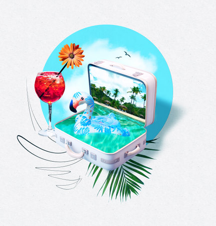 Pink flower and flamingo rubber ring on blue background. Summer minimal art collage. Concept of travel, holidays and tropical background with sea and skyの写真素材