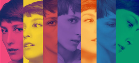 Collage of colorful faces of beautiful woman. Female face close up. Portrait of young caucasian woman at studio. Fresh skin and beauty concept. Short haircut, long neck, perfect skinの写真素材